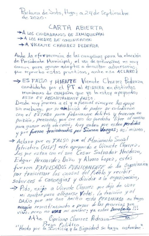 Esta es la carta completa que escribió Cipriano Charrez.