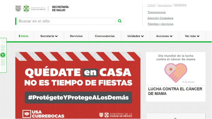 La página oficial de la Secretaría de Salud de la Ciudad de México. Foto tomada del sitio de https://www.salud.cdmx.gob.mx